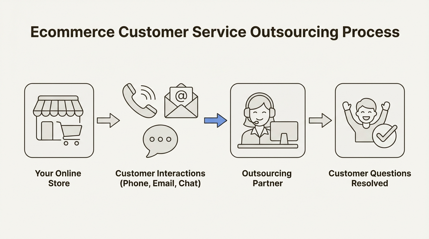A diagram explaining how ecommerce customer service outsourcing works, from online store to resolved customer questions.