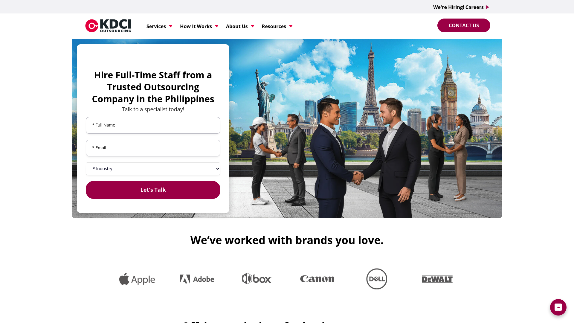 A screenshot of the KDCI Outsourcing homepage, highlighting its cost-effective offshore teams in the Philippines.
