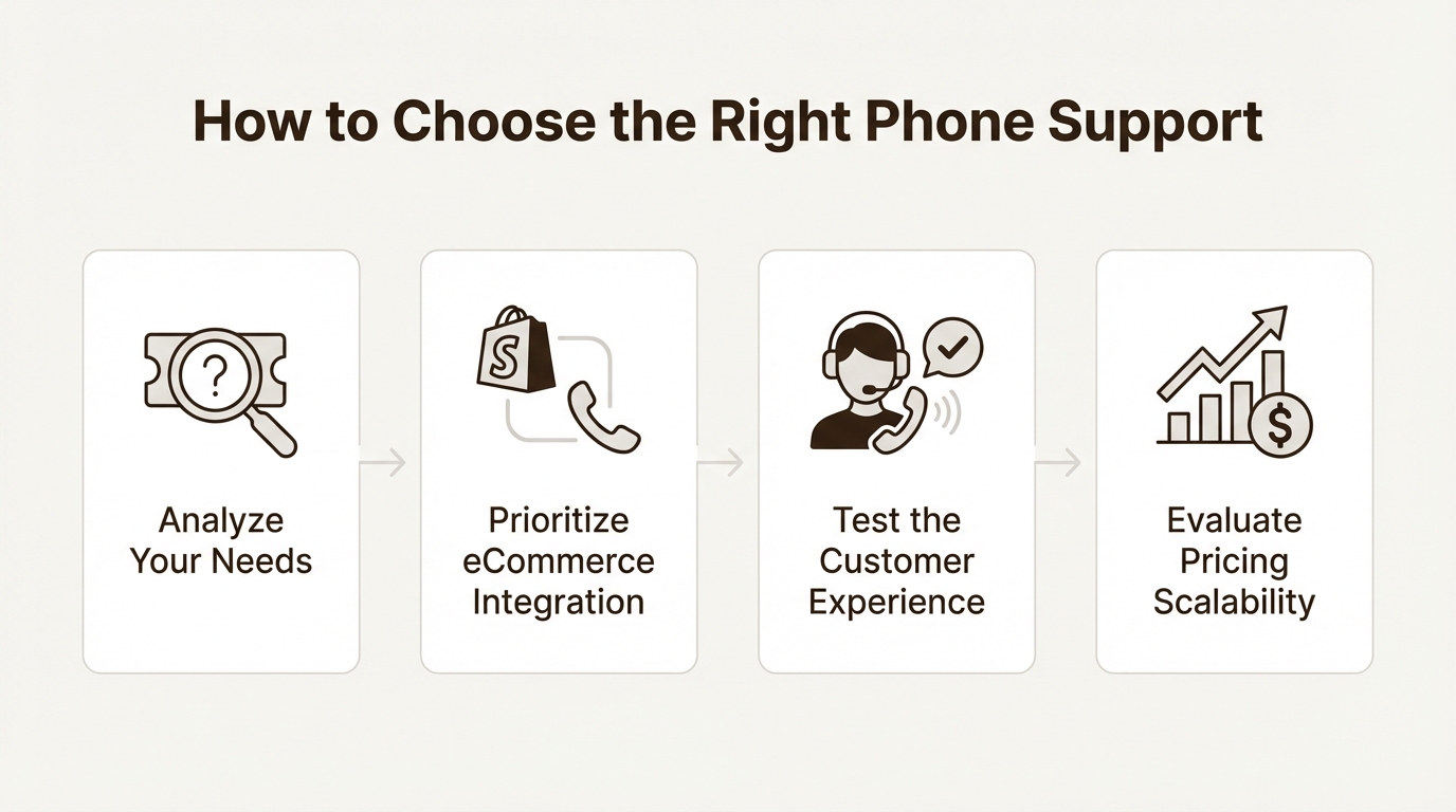 A four-step workflow on how to choose from Smith.ai alternatives for eCommerce, including analyzing needs and testing the experience.