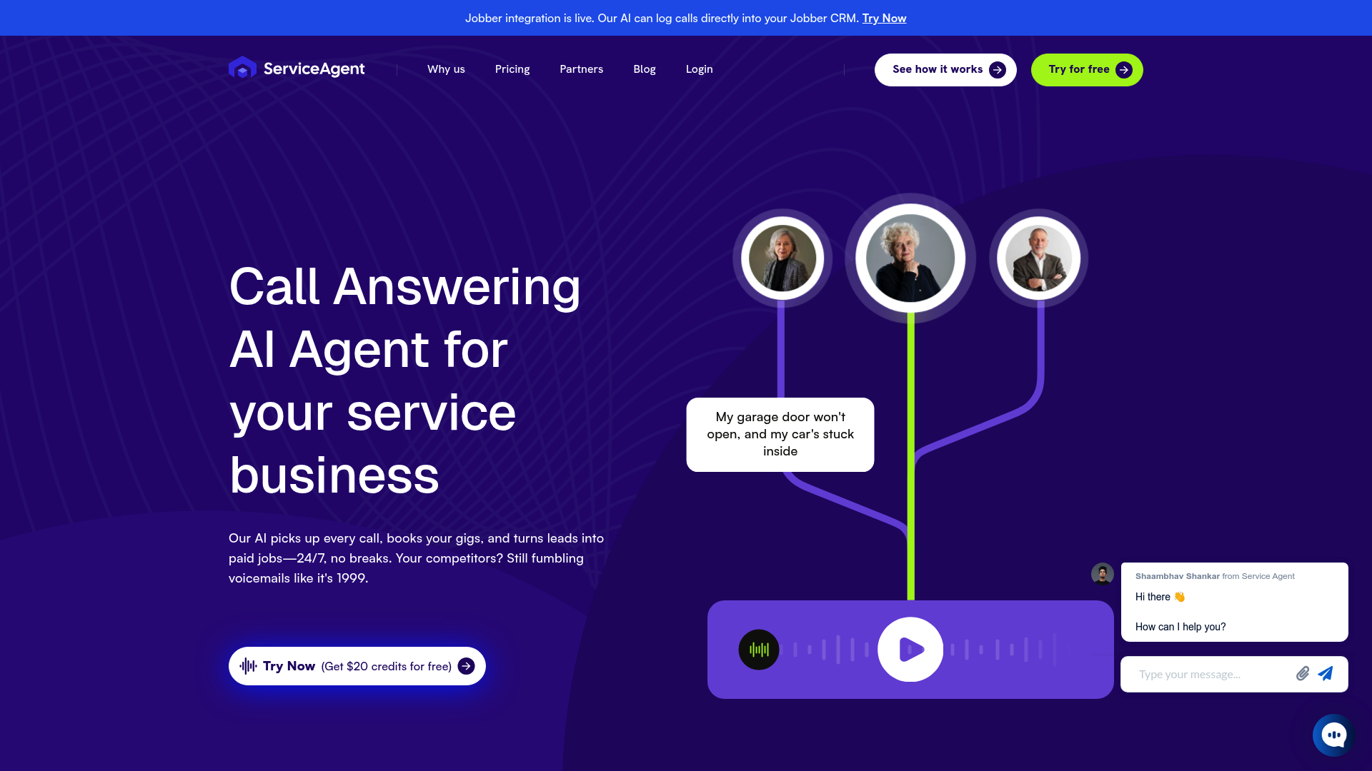 A screenshot of the ServiceAgent.ai homepage, one of the Smith.ai alternatives for eCommerce reviewed in this guide.