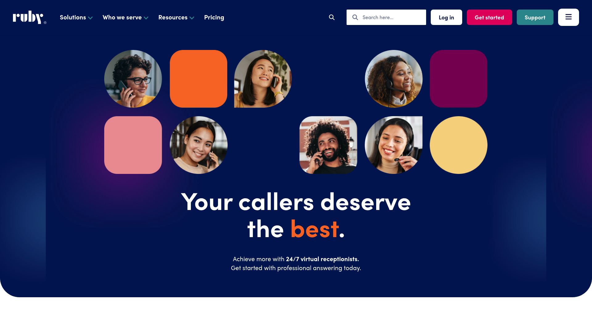 A screenshot of the Ruby virtual receptionist service homepage, considered as one of the Smith.ai alternatives for eCommerce.