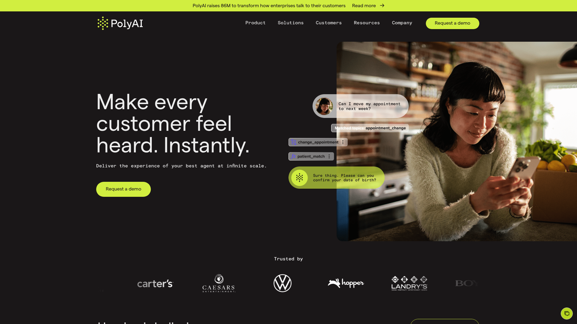 A screenshot of the PolyAI homepage, an enterprise-level platform and one of the best Vapi.ai alternatives for Shopify for global brands.