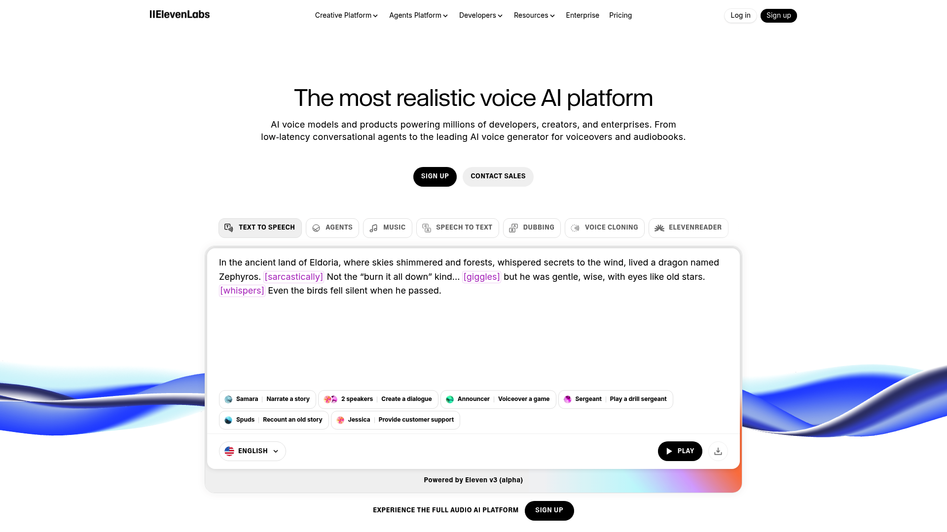 The homepage of the ElevenLabs website, which is a key component for a custom ElevenLabs Shopify integration.