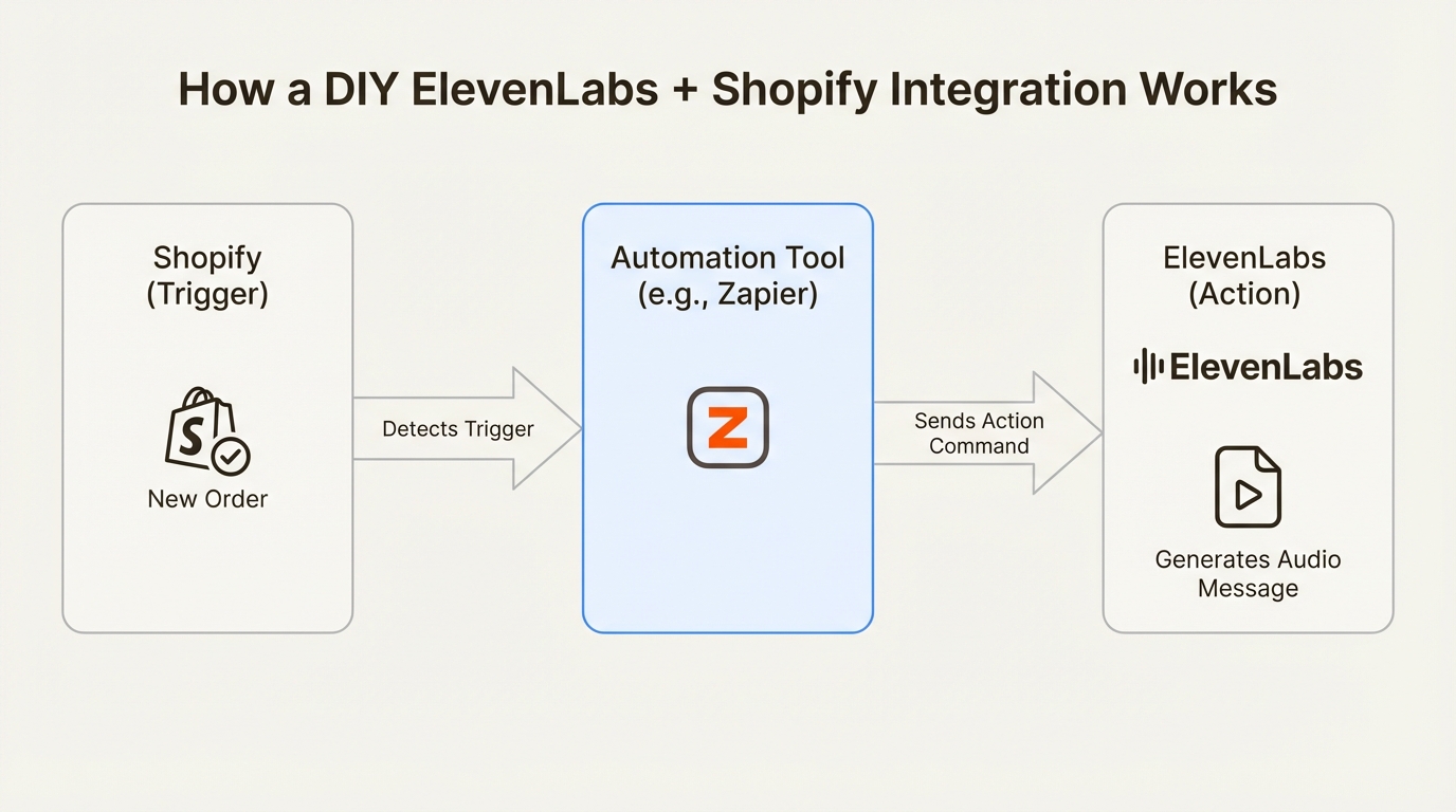 A workflow diagram showing how an ElevenLabs Shopify integration uses a trigger from Shopify to create an action in ElevenLabs via an automation tool.
