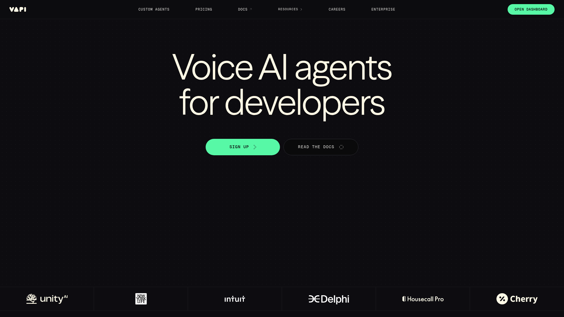 A screenshot of the Vapi homepage, an API-first platform among the Bland AI alternatives for ecommerce.