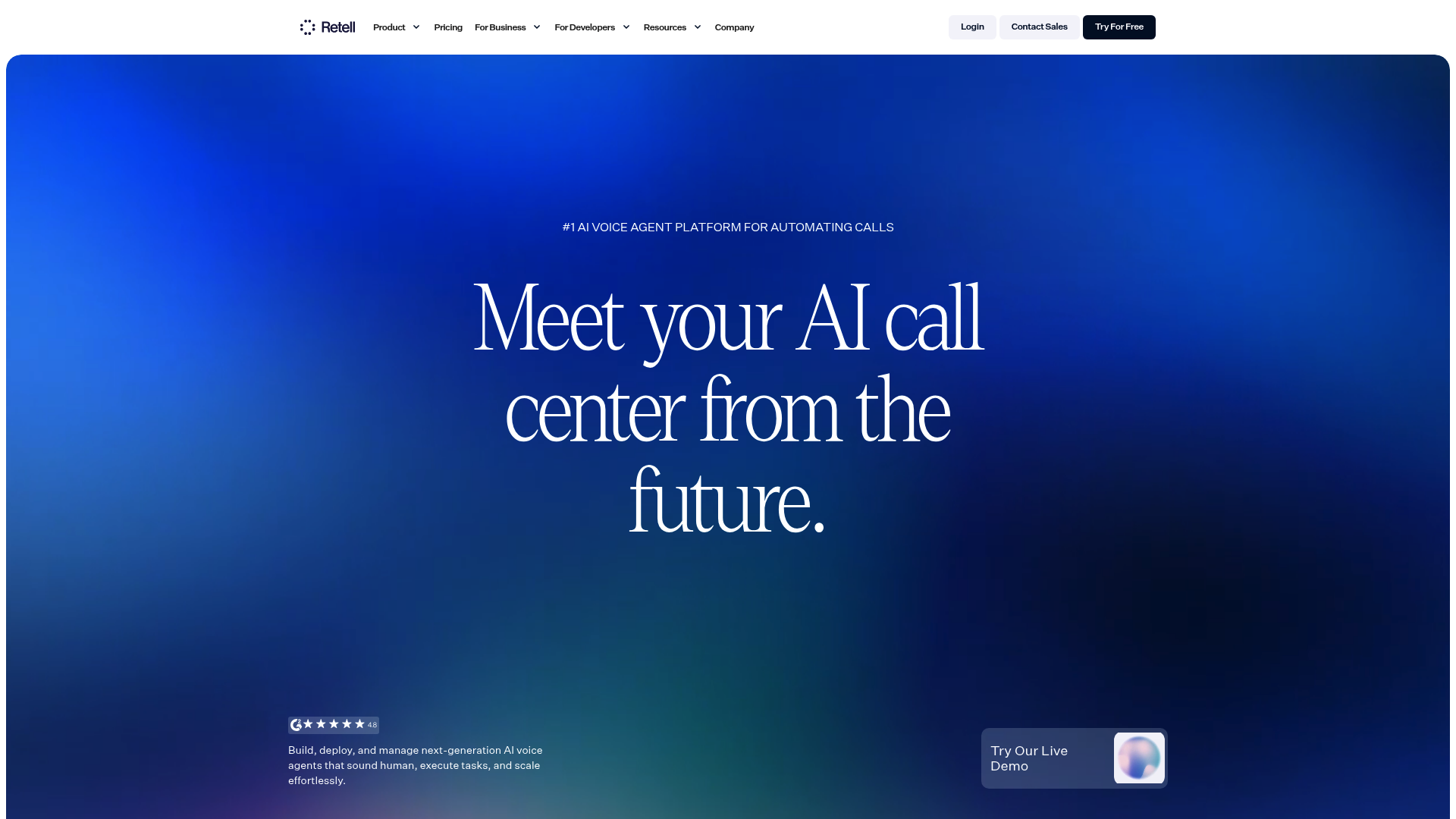 A screenshot of the Retell AI developer-focused homepage, one of the key Synthflow AI alternatives for ecommerce.