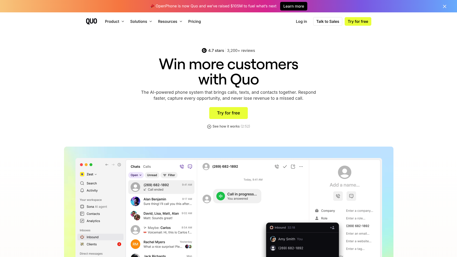 A screenshot of the Quo homepage, a business phone system that serves as one of the Bland AI alternatives for ecommerce.
