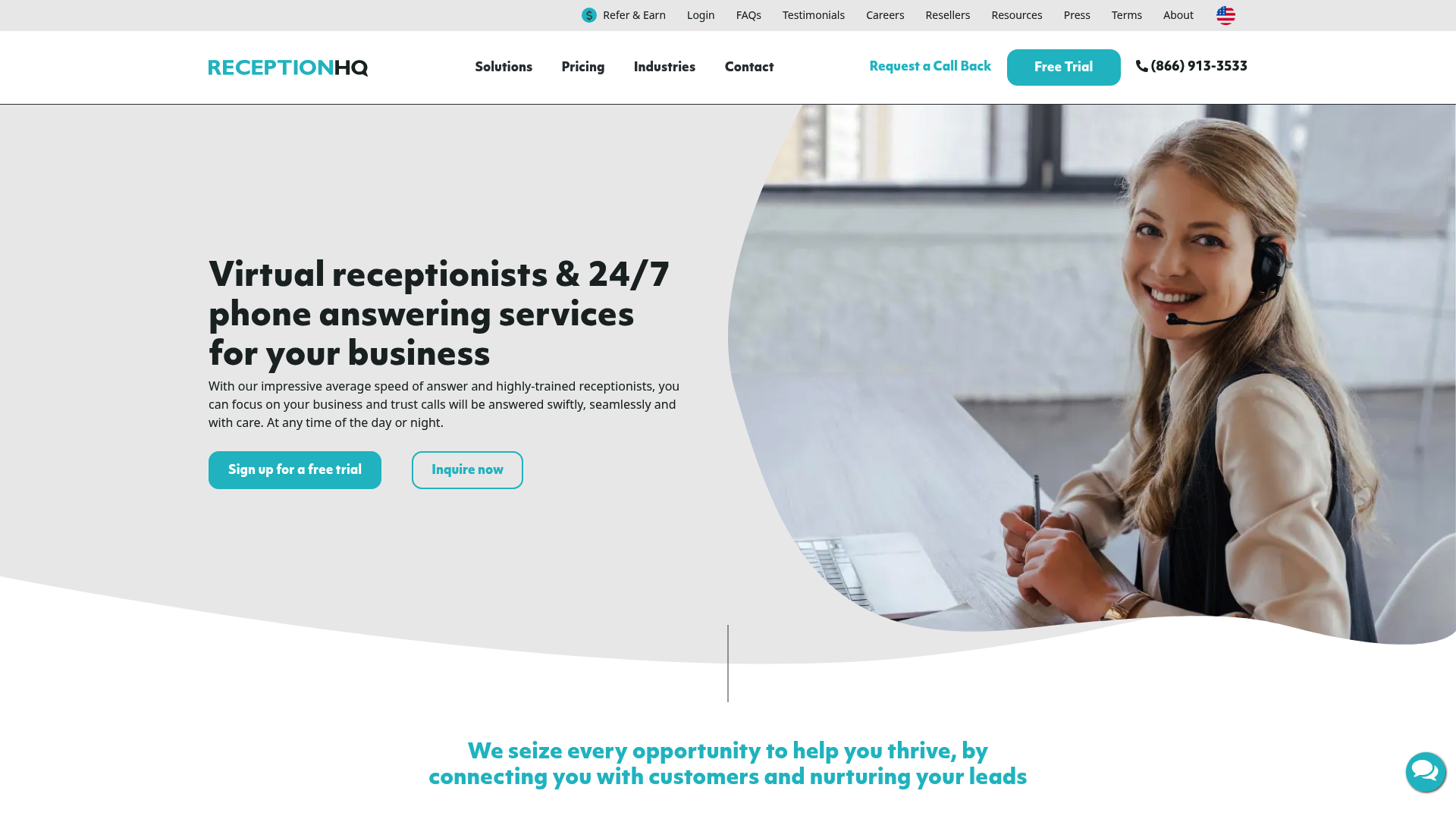 The landing page for ReceptionHQ, showcasing their headline "Never miss another call" and options for US, UK, and Australian services.