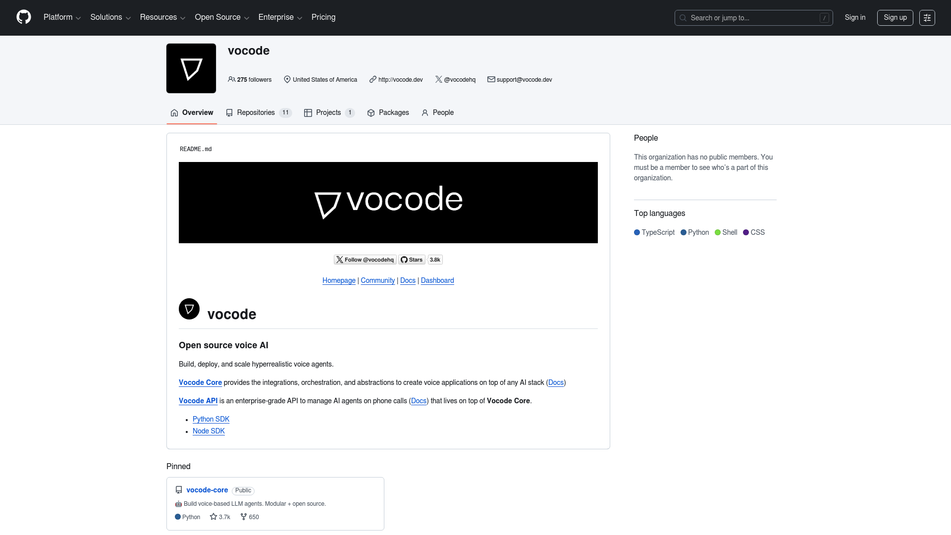 A screenshot of the Vocode.dev open-source library on GitHub, an option for Synthflow AI alternatives for ecommerce.