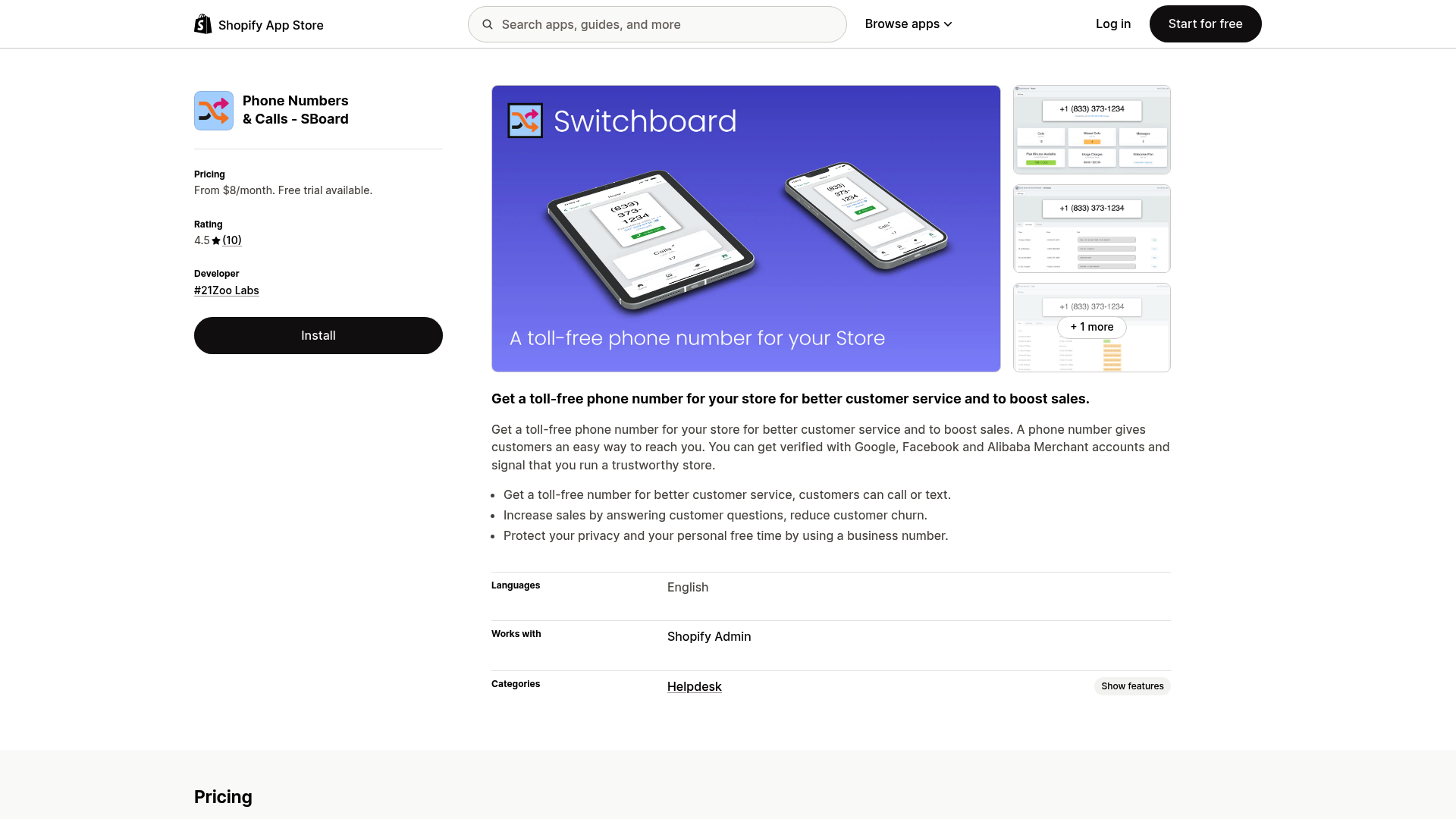 A screenshot of the SBoard app on the Shopify App Store, a basic customer support phone system for Shopify.