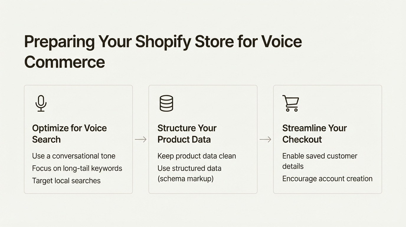 A workflow diagram outlining the three steps to prepare your Shopify store for voice commerce.