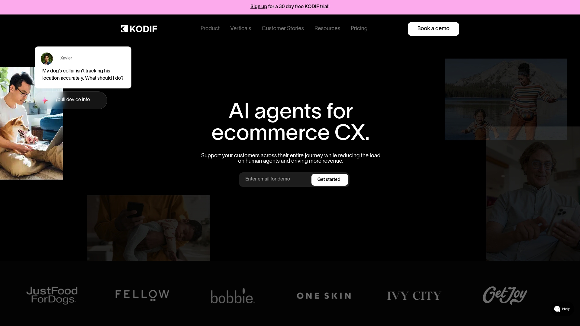 A screenshot of the KODIF website's main landing page, a platform listed among the top Sierra AI ecommerce alternatives.