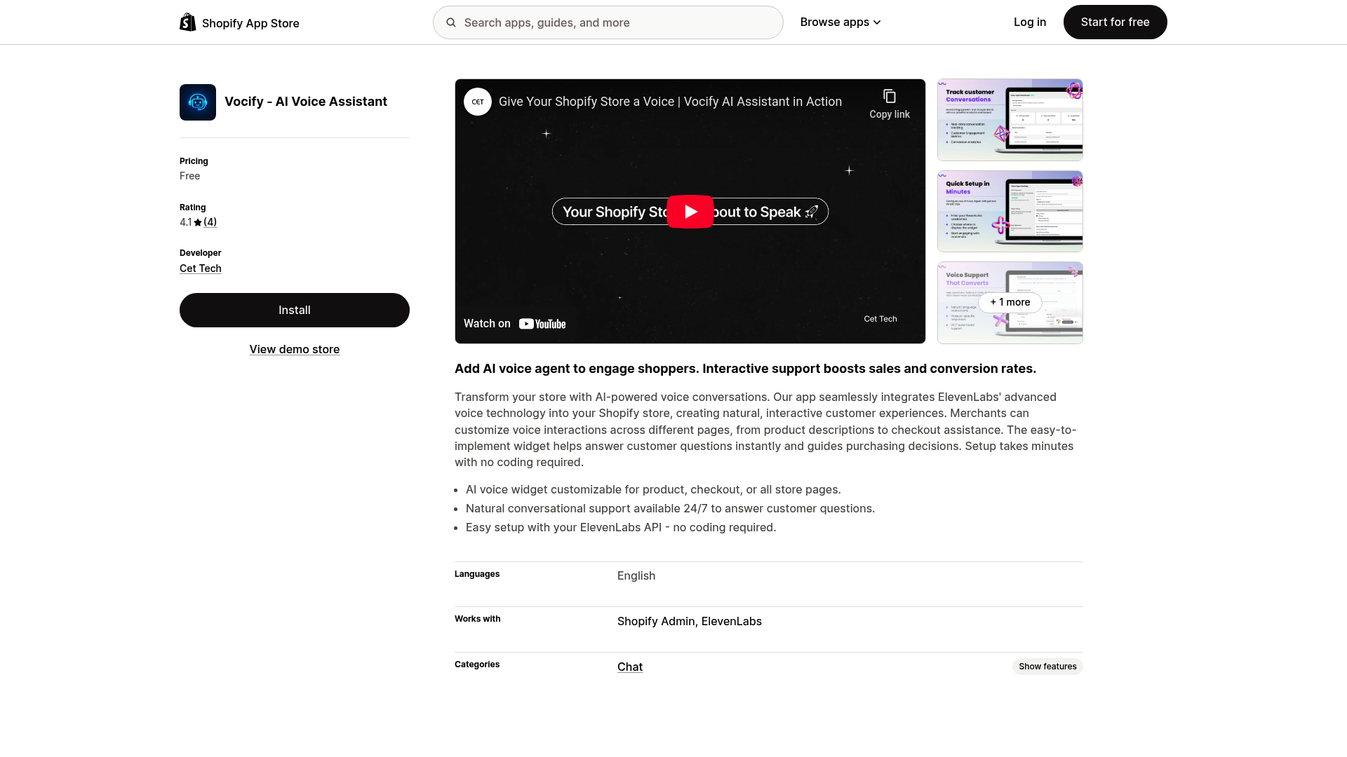 A screenshot of the Vocify Shopify voice AI app page on the Shopify App Store.