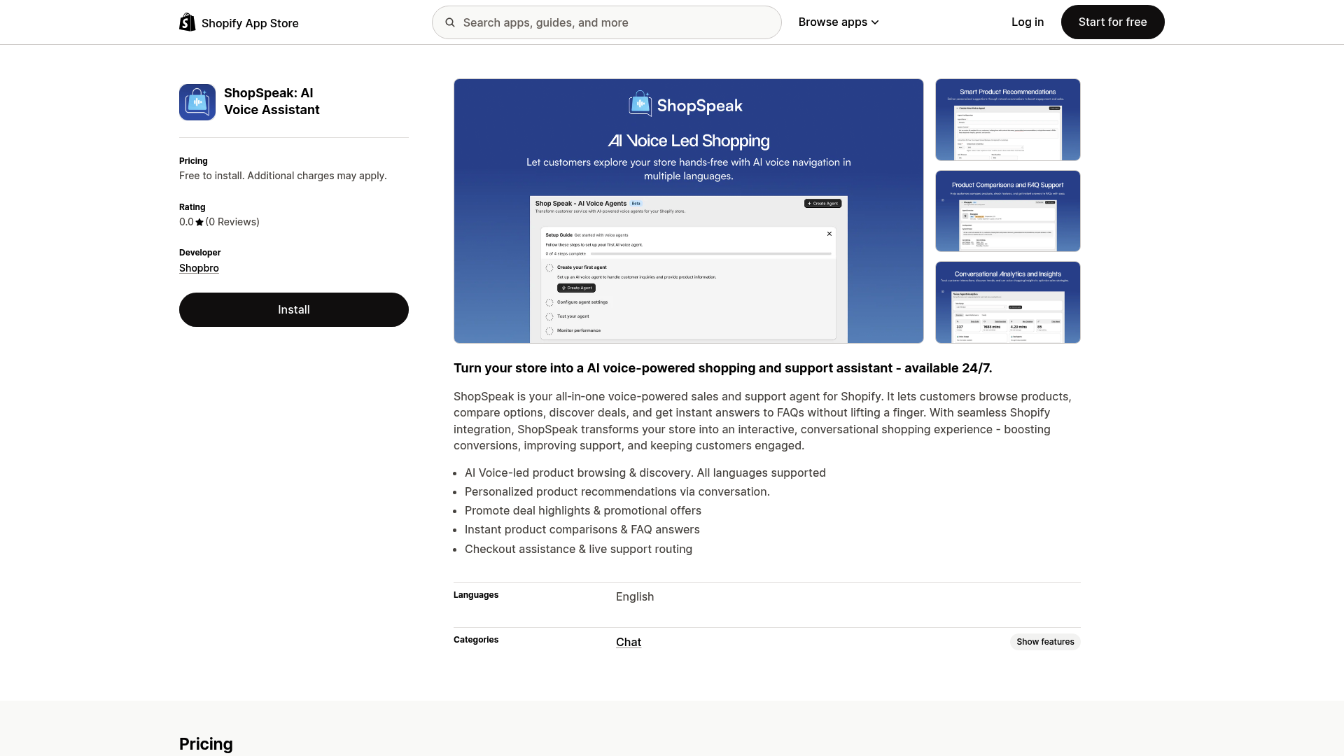 A screenshot of the ShopSpeak Shopify voice AI app page on the Shopify App Store.