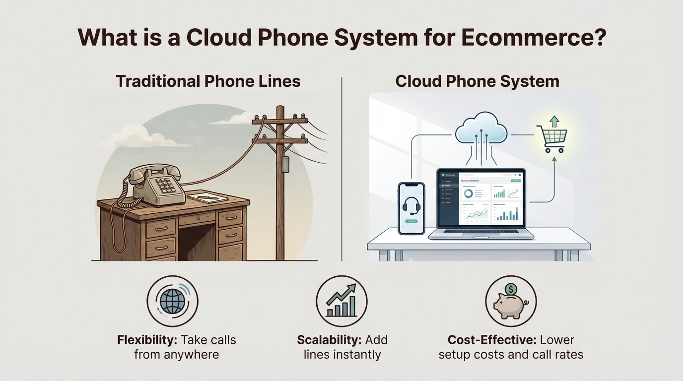 An infographic explaining the basics of a cloud phone system ecommerce solution, contrasting traditional and cloud systems.