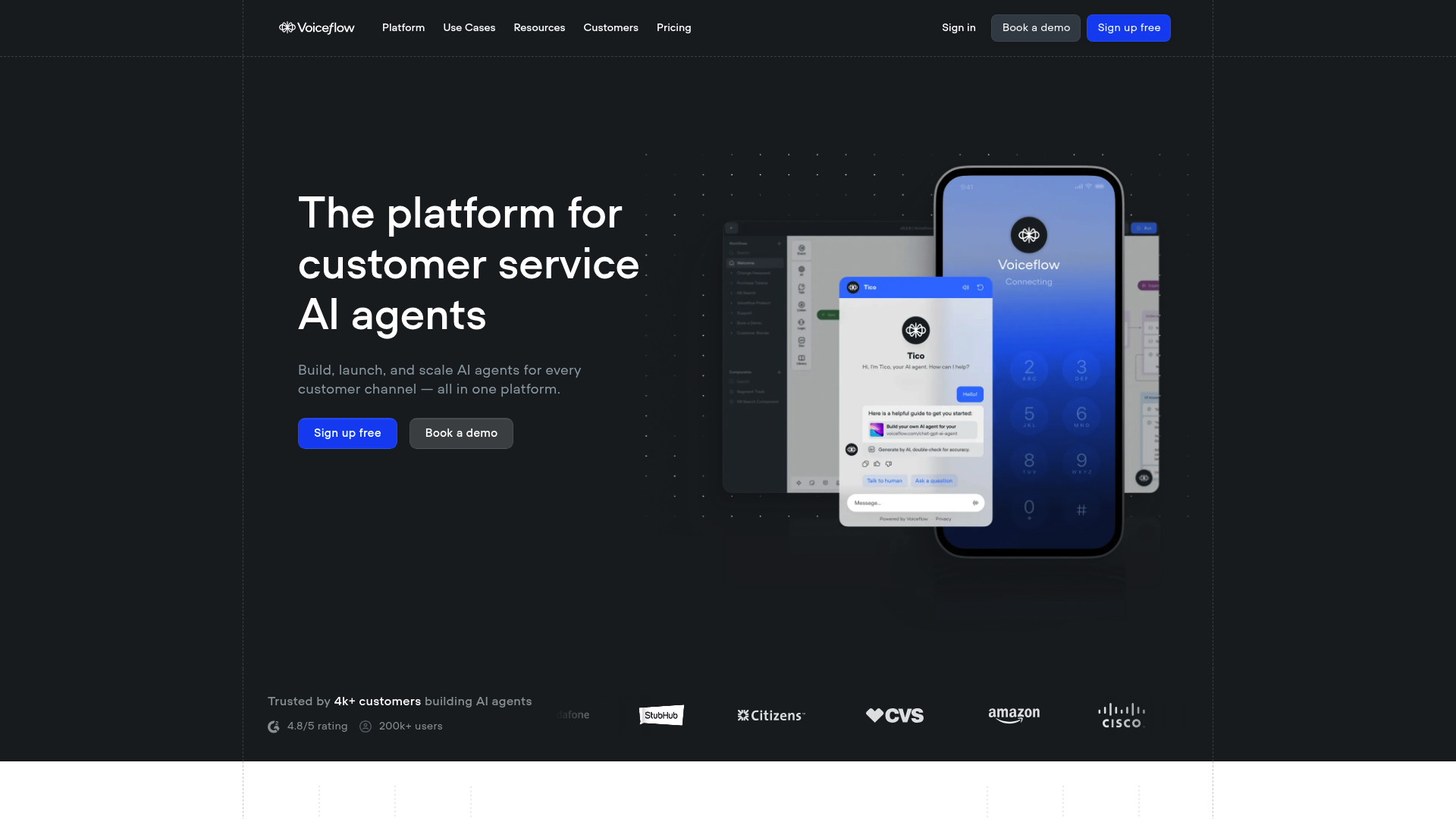 A screenshot of the Voiceflow homepage, a platform for building a custom ecommerce voice AI.