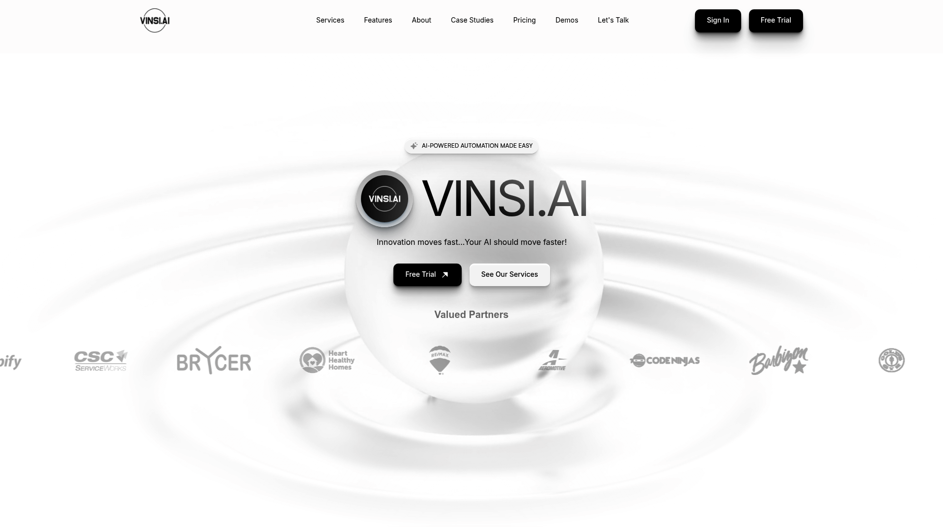 A screenshot of the VINSI AI landing page, a dedicated AI call center for Shopify.
