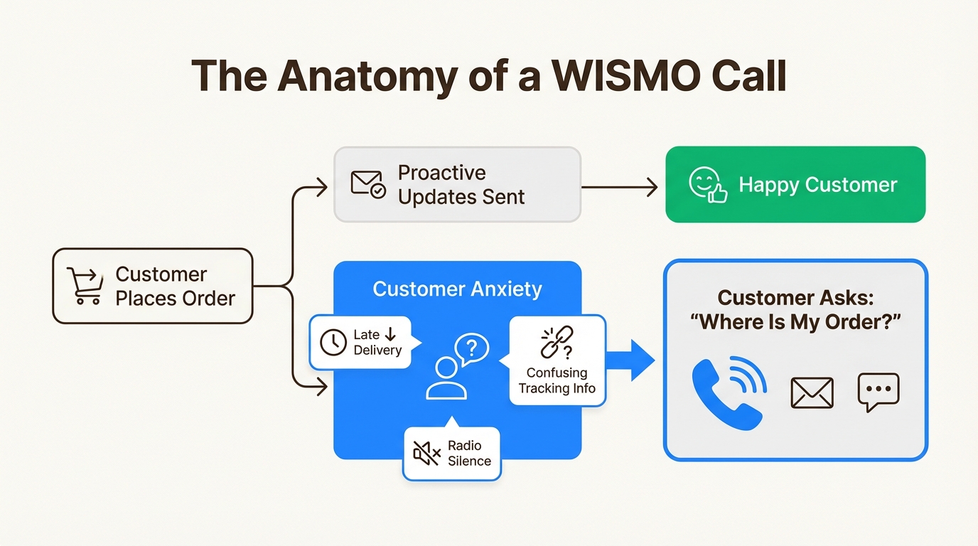 An infographic explaining the primary causes of customer WISMO calls, including lack of proactive communication and delivery delays.