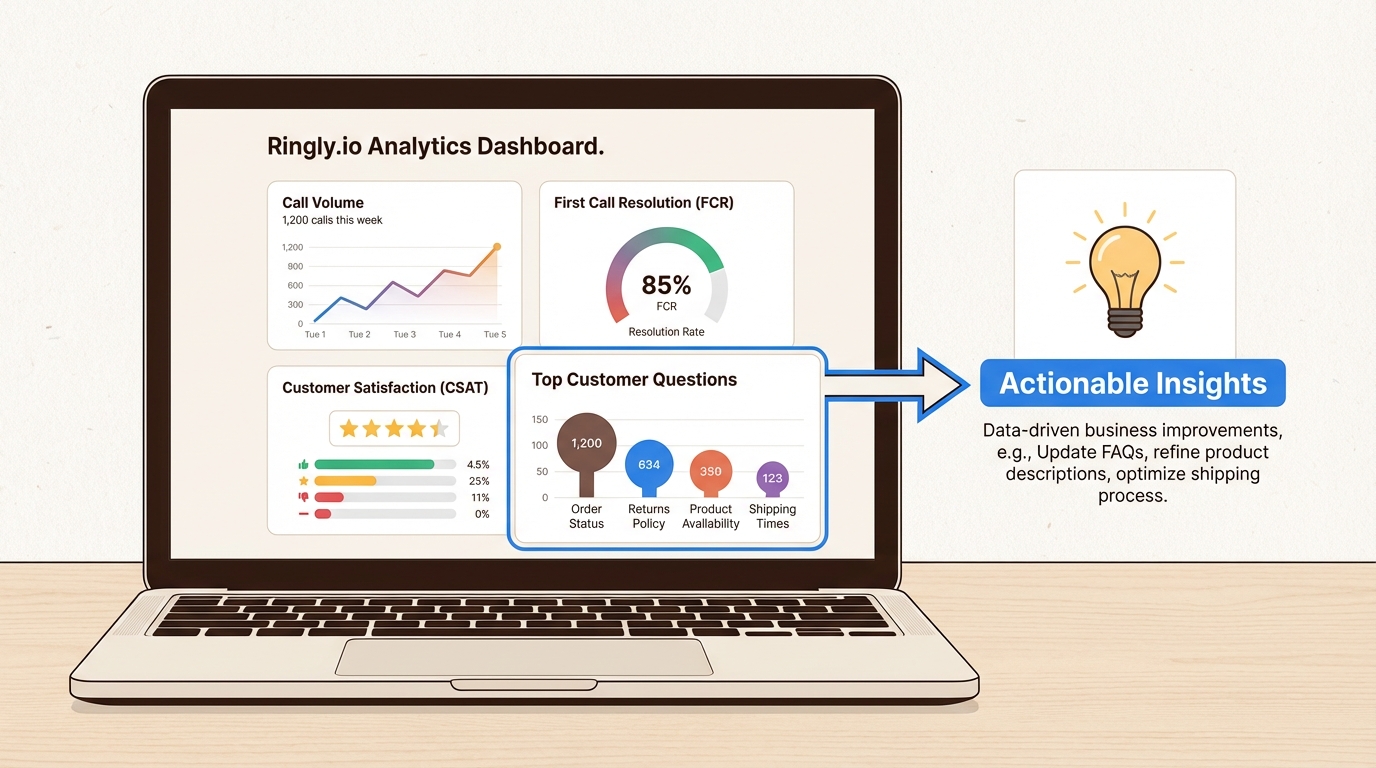 The Ringly.io analytics dashboard provides actionable insights into call volume, resolution rates, and top customer questions.