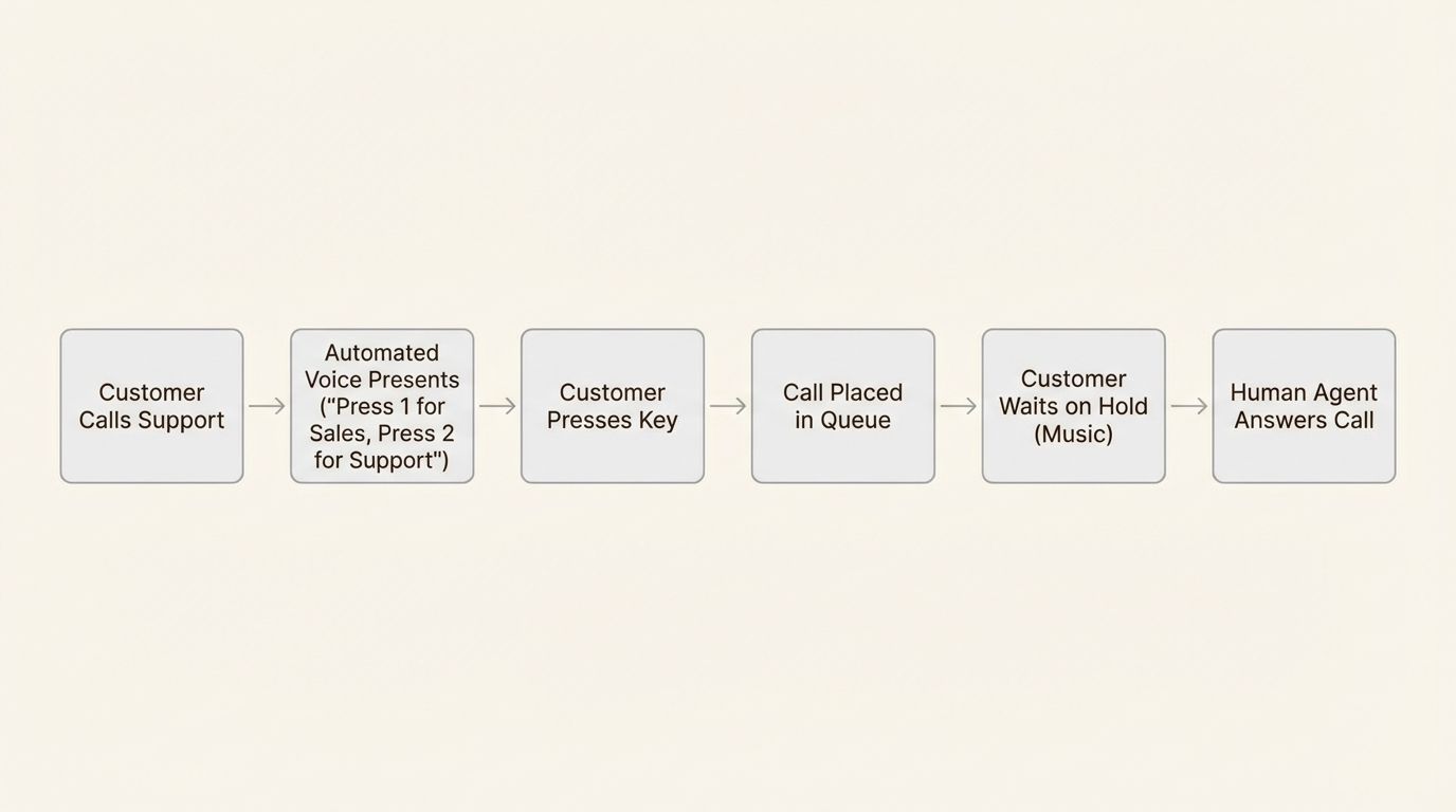 A workflow diagram showing the steps of a traditional IVR system for ecommerce call routing voip, from the initial call to waiting in a queue for a human agent.