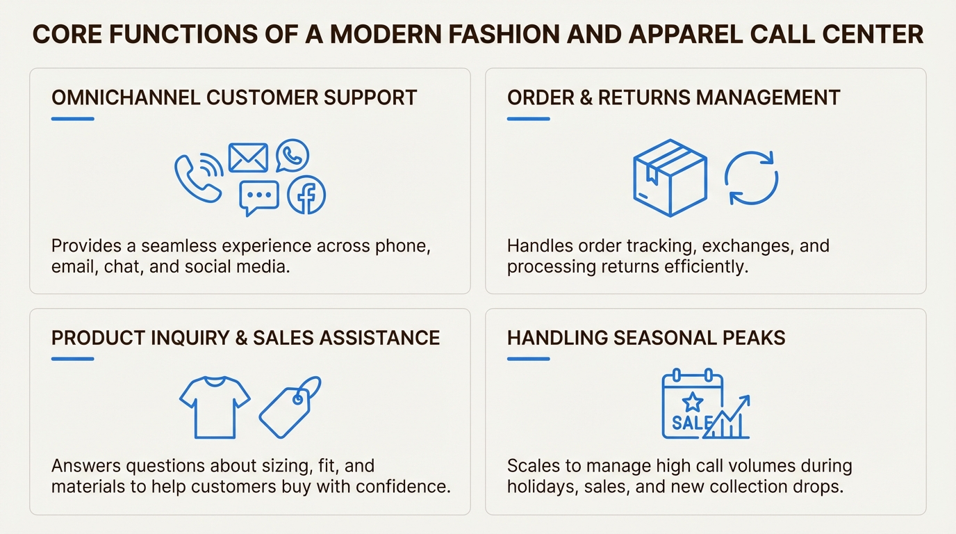 An infographic showing the four core functions of a modern fashion and apparel call center: omnichannel support, order and returns management, product inquiry, and handling seasonal peaks.
