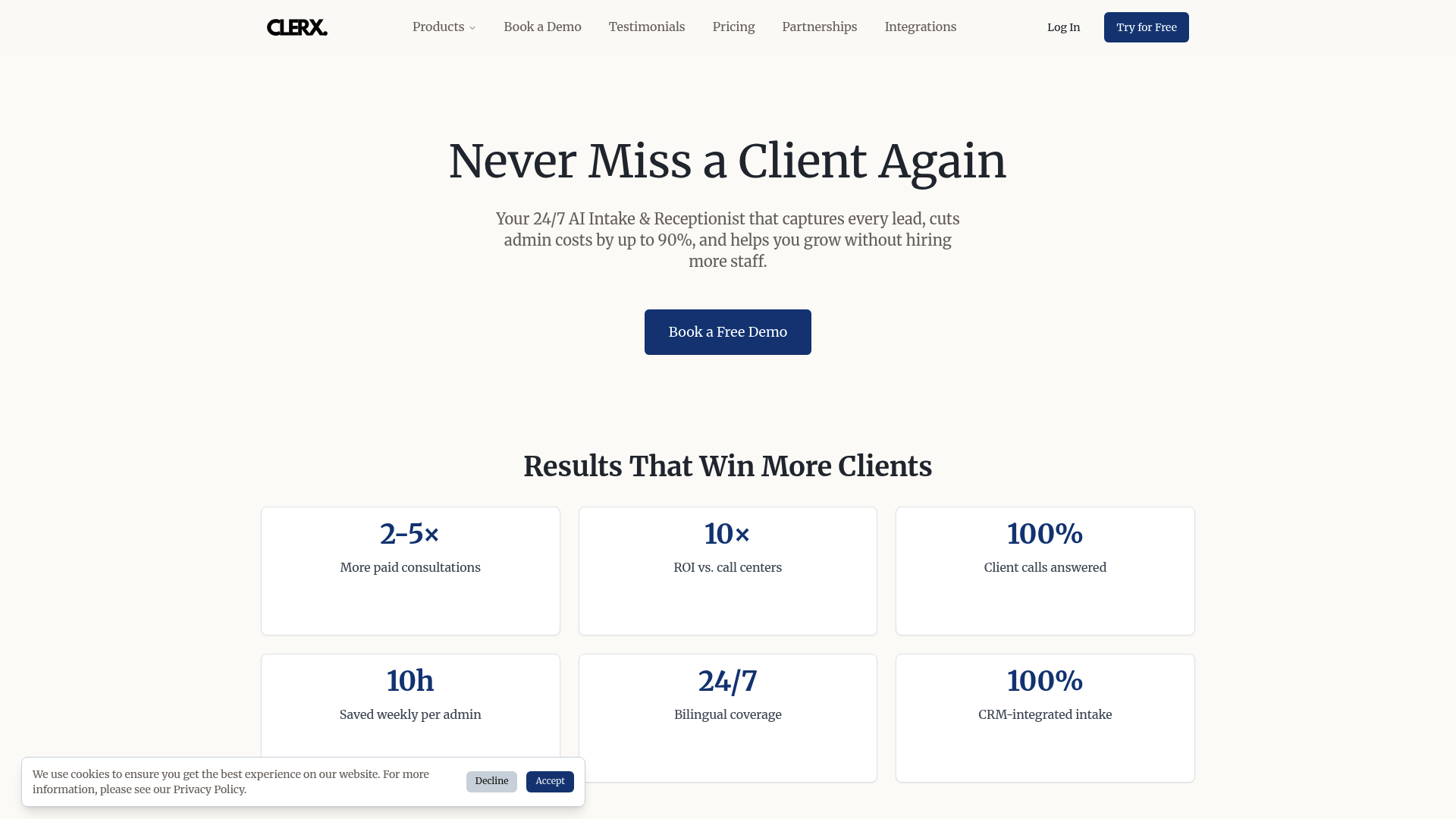 A screenshot of the Clerx AI homepage, an AI receptionist service for service businesses, included for comparison with other Answerconnect alternatives for ecommerce.
