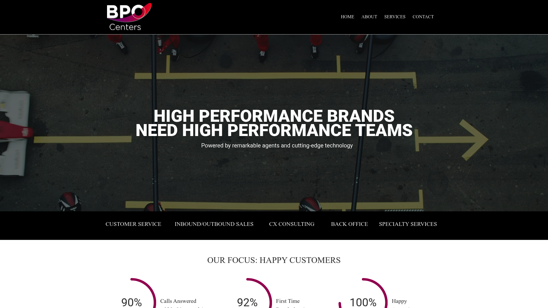 A screenshot of the BPO Centers homepage, a call center BPO apparel brand provider focused on premium experiences.