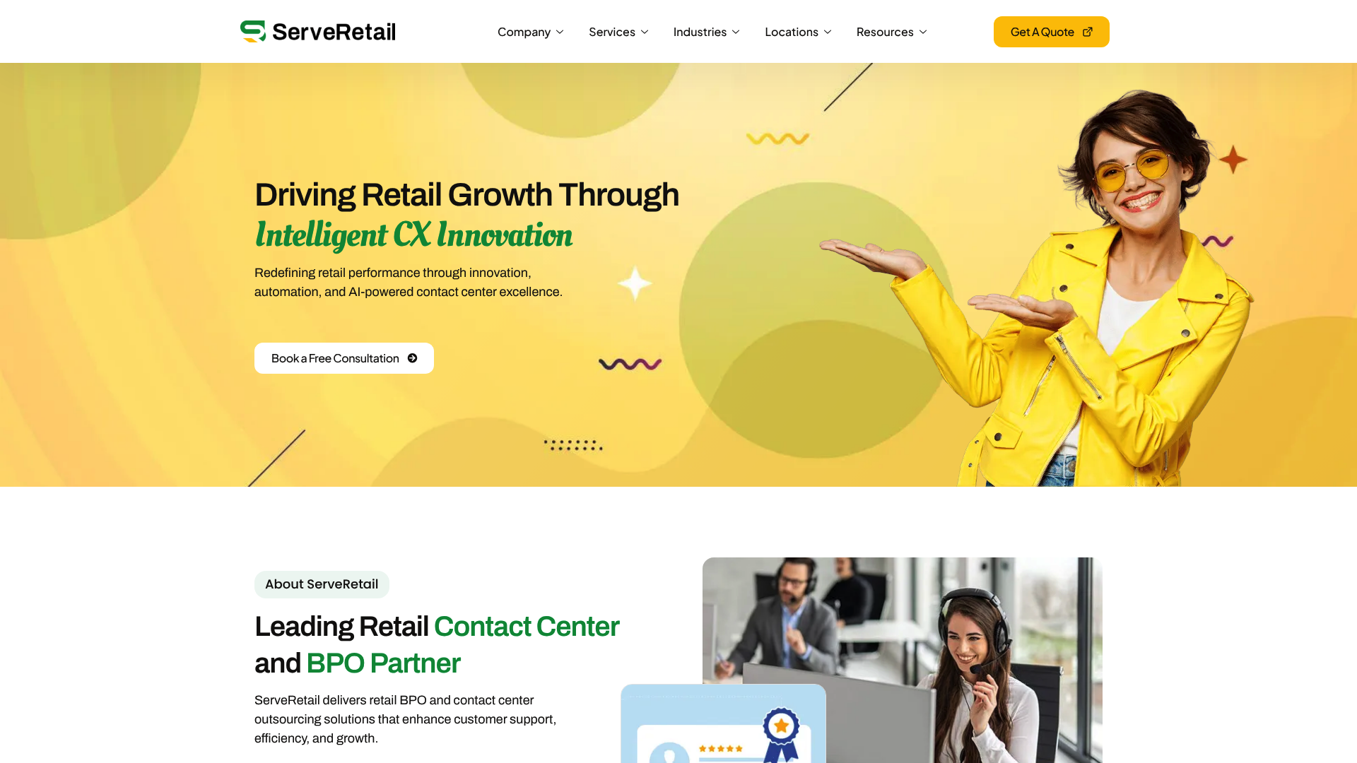 A screenshot of the ServeRetail website, a call center BPO apparel brand partner specializing in fashion.