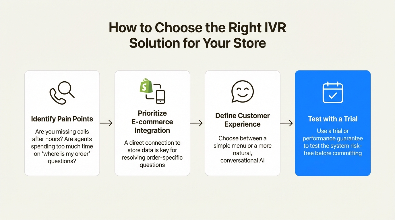 A workflow diagram showing the four steps to choosing the best IVR call management for retail apparel, from identifying pain points to testing a solution.