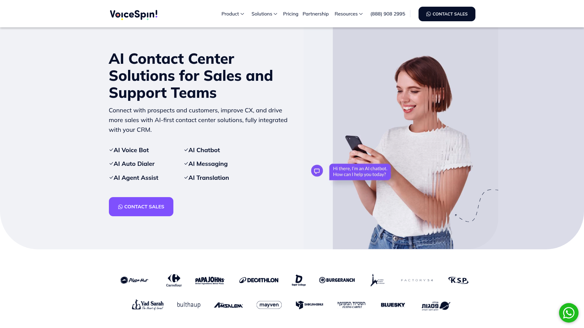A screenshot of the Voicespin homepage, showcasing their AI call bot for ecommerce and contact center services.
