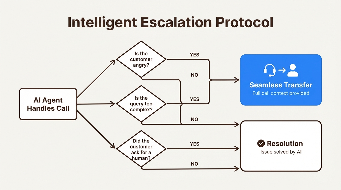 A flowchart demonstrating intelligent call routing for a Ringly ecommerce phone agent, showing when a call is escalated to a human.