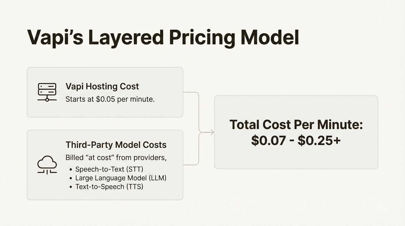 An infographic explaining the complex pricing structure for Vapi ecommerce phone calls, including hosting and third-party model costs.