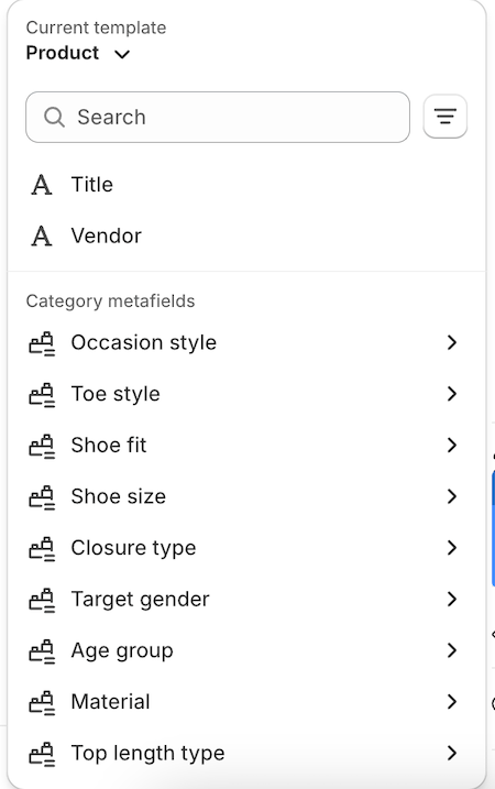 A theme editor panel displaying product template options and category metafields for customization.