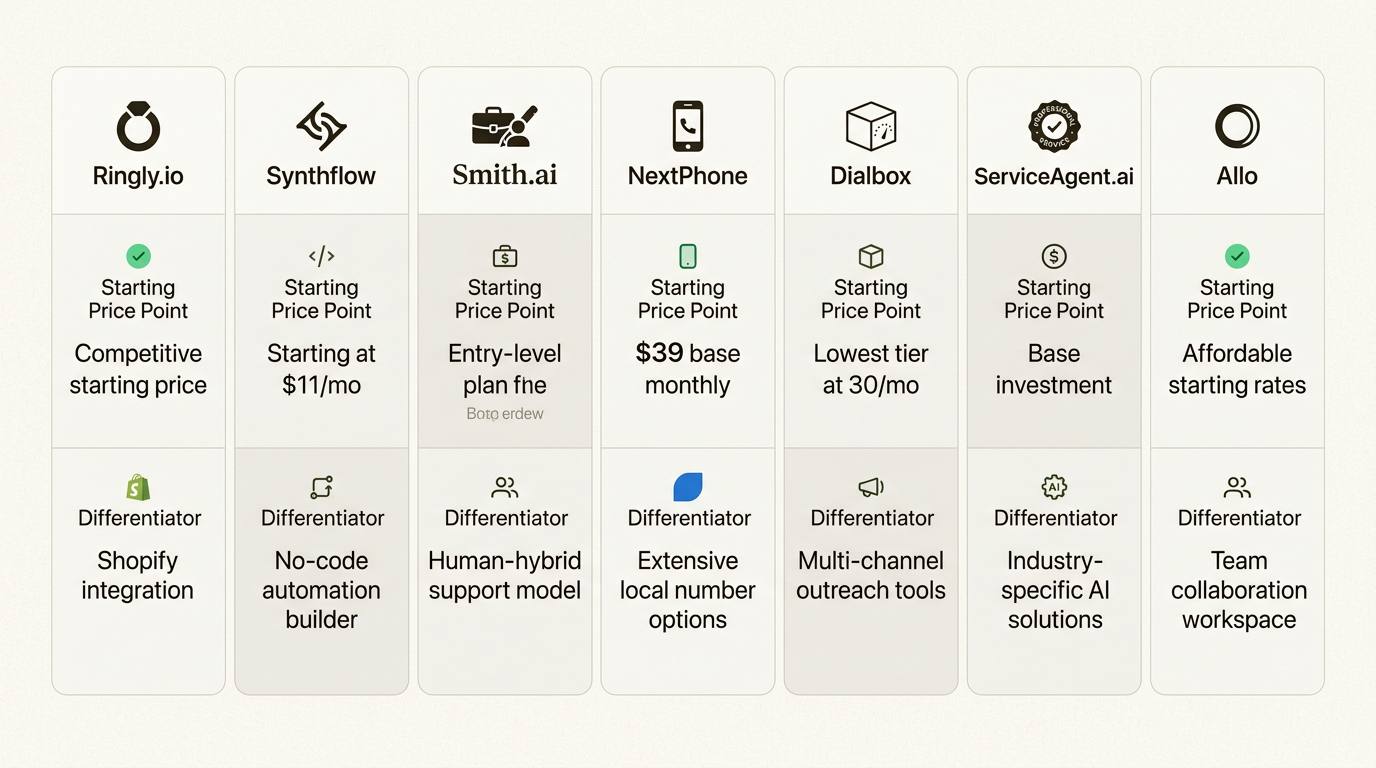 AI phone service comparison chart showing pricing and features