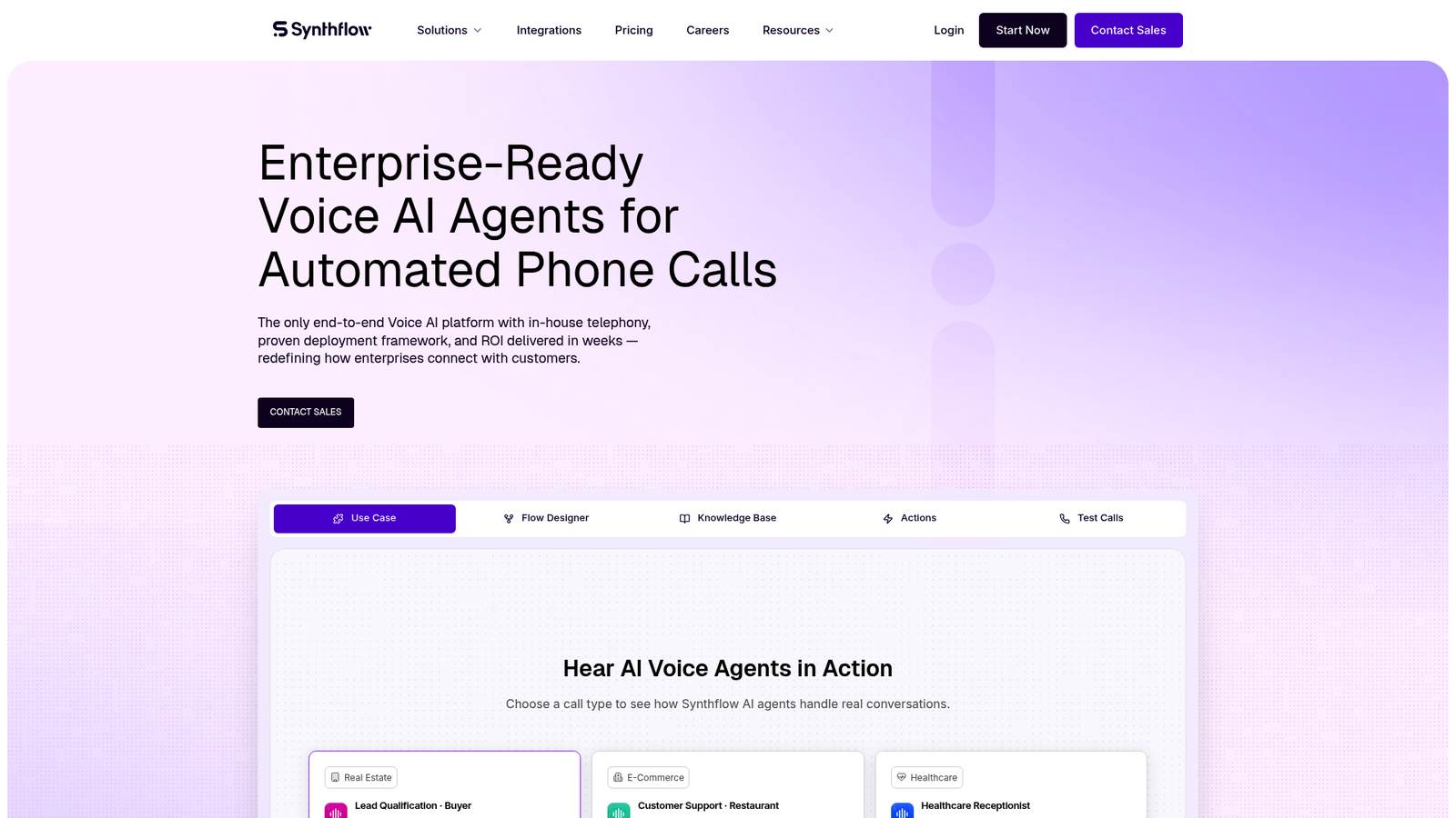 A screenshot of Synthflow AI's landing page.