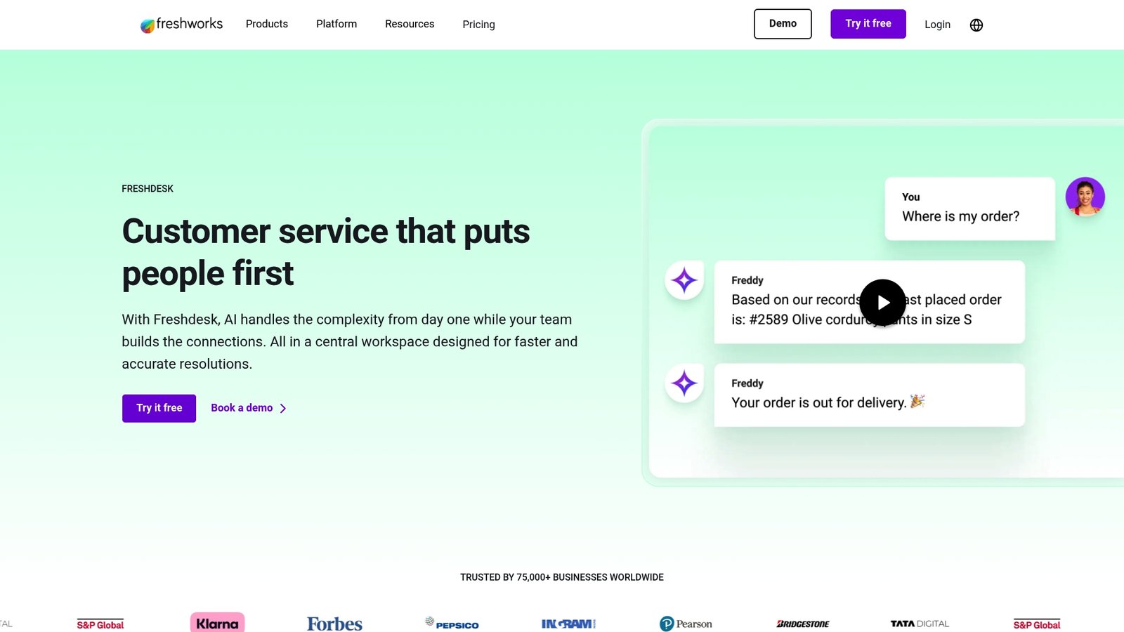 Freshdesk landing page with product overview and navigation