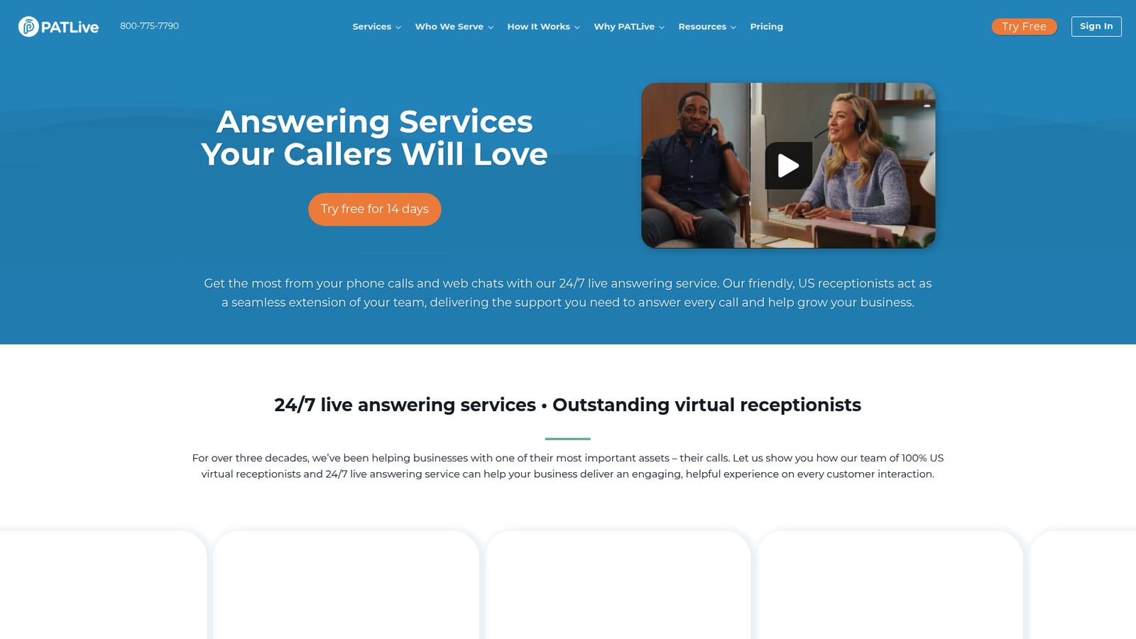 PATLive landing page showing live answering service plans and features