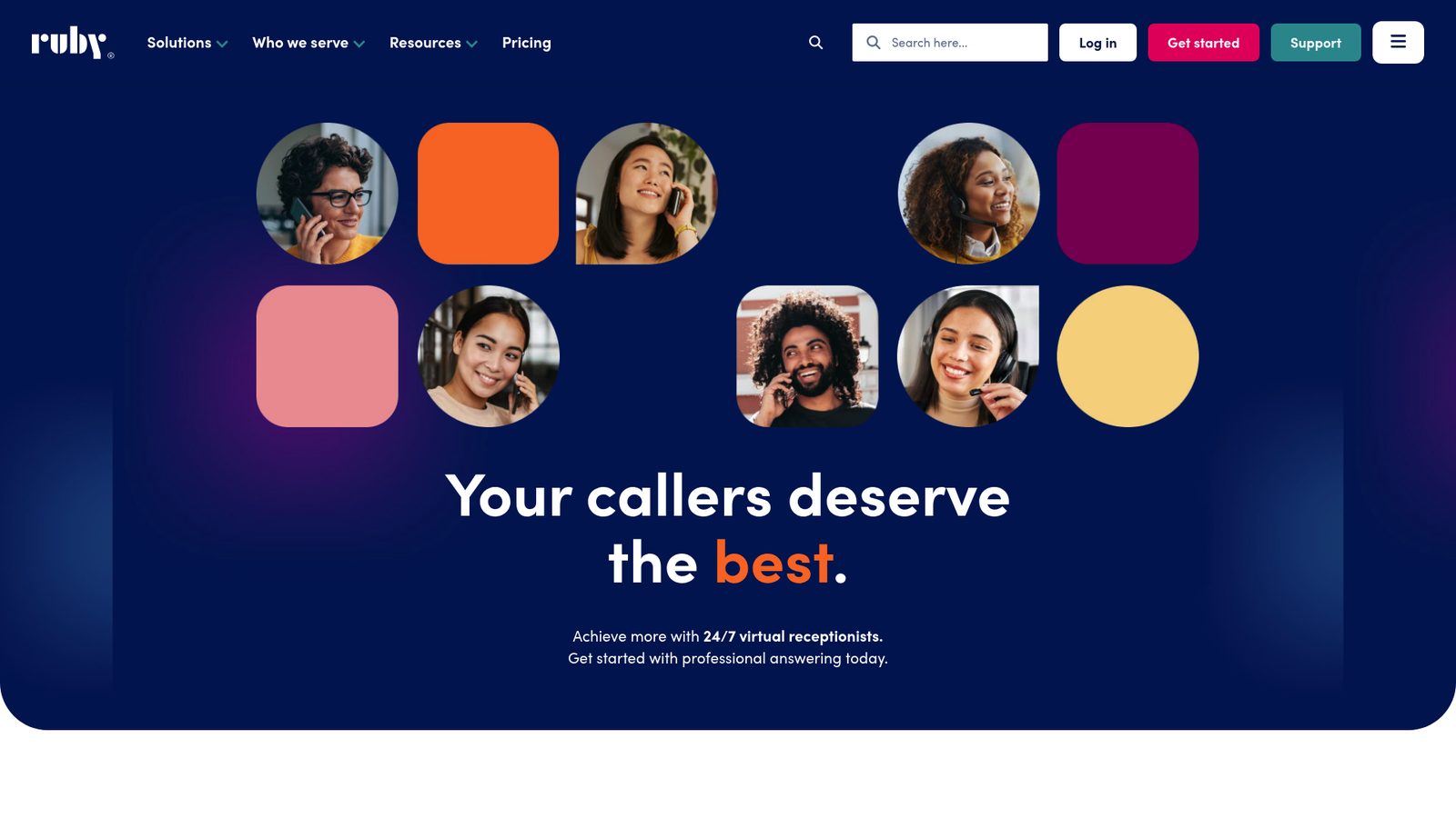 Ruby Receptionists landing page with service overview and features