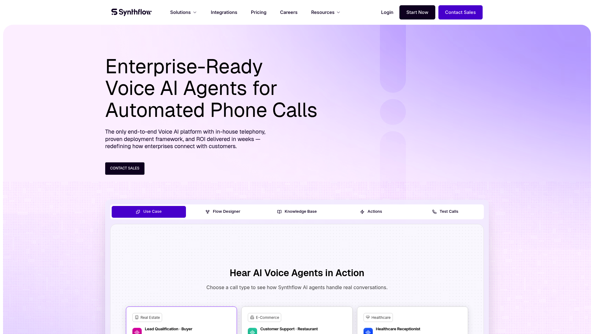 A screenshot of the Synthflow homepage, a no-code platform and one of the top Bland AI alternatives for ecommerce.