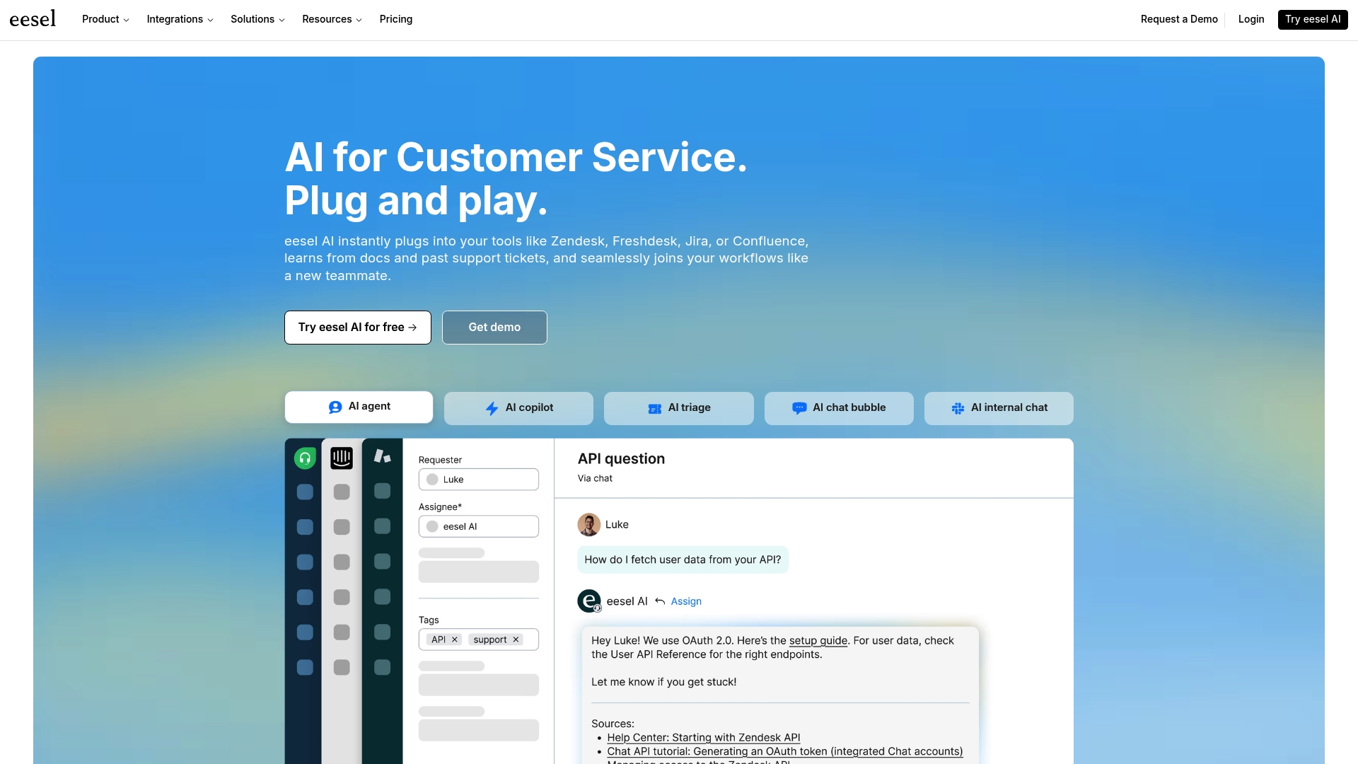 A screenshot of eesel AI's landing page.