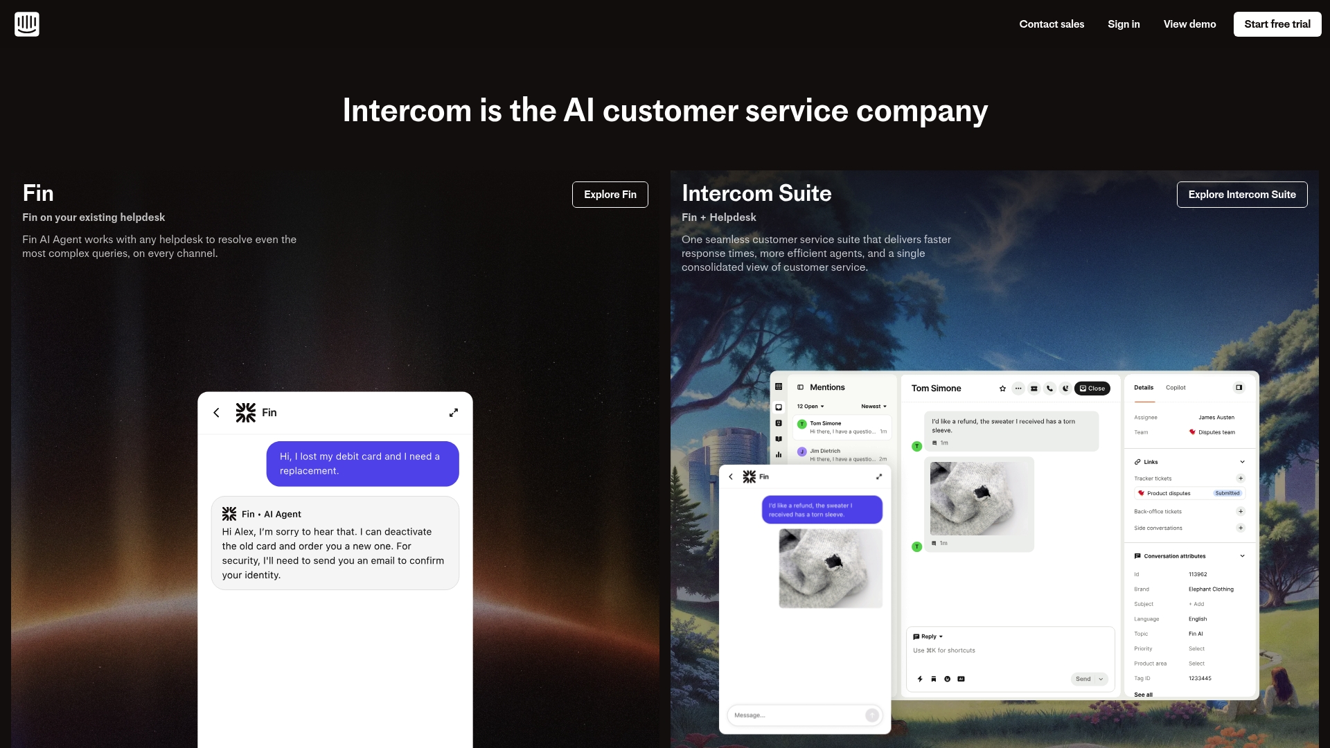 A screenshot of the Intercom Fin homepage, a platform offering one of the best AI phone support agent for ecommerce solutions.