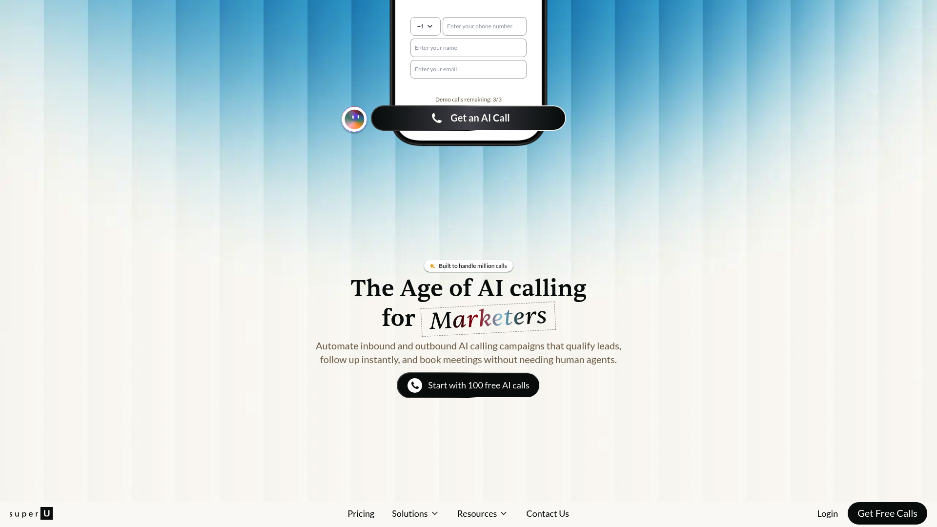 A screenshot of the superU AI landing page, a click-to-call widget that can function as part of an AI call center for Shopify.