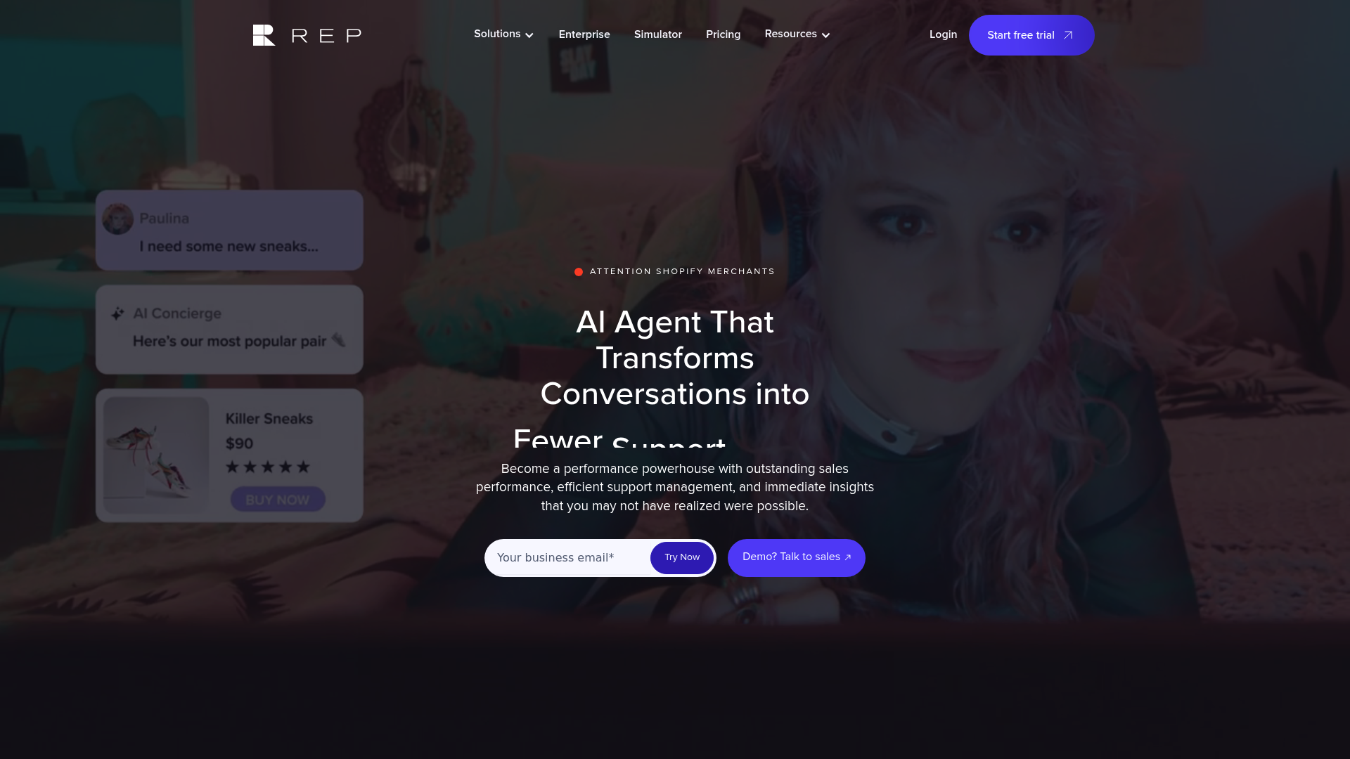 A screenshot of the Rep AI landing page, a tool that provides conversational AI for ecommerce sales.