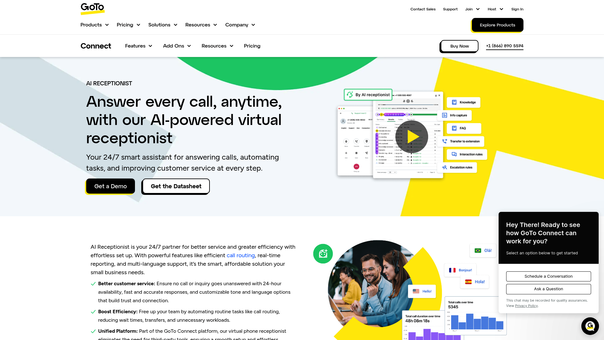 The landing page for GoTo Connect's AI Virtual Receptionist, showing the product in a business setting with the headline "A better way to greet every caller."