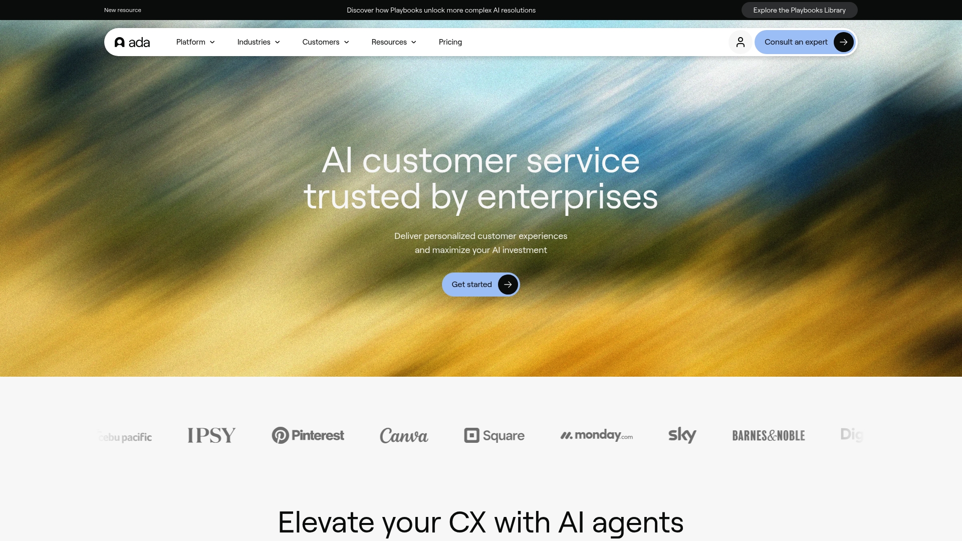 A screenshot of the Ada homepage, an enterprise-level platform that can be used to build the best AI phone support agent for ecommerce.