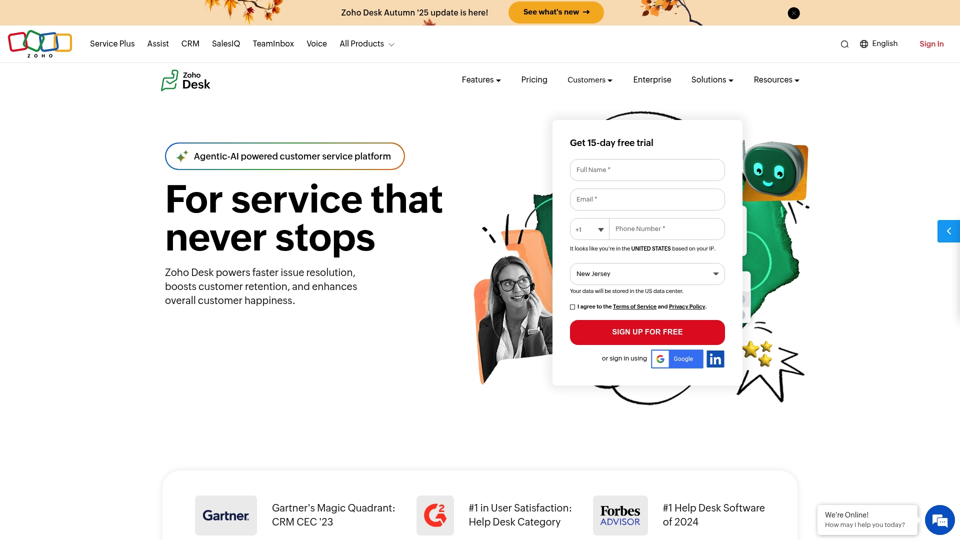 A screenshot of the Zoho Desk homepage, a software solution that allows for an ecommerce helpdesk phone integration.
