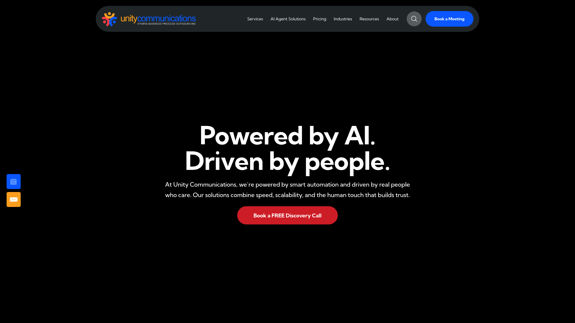 A screenshot of the Unity Communications homepage, a comprehensive call center BPO apparel brand partner.