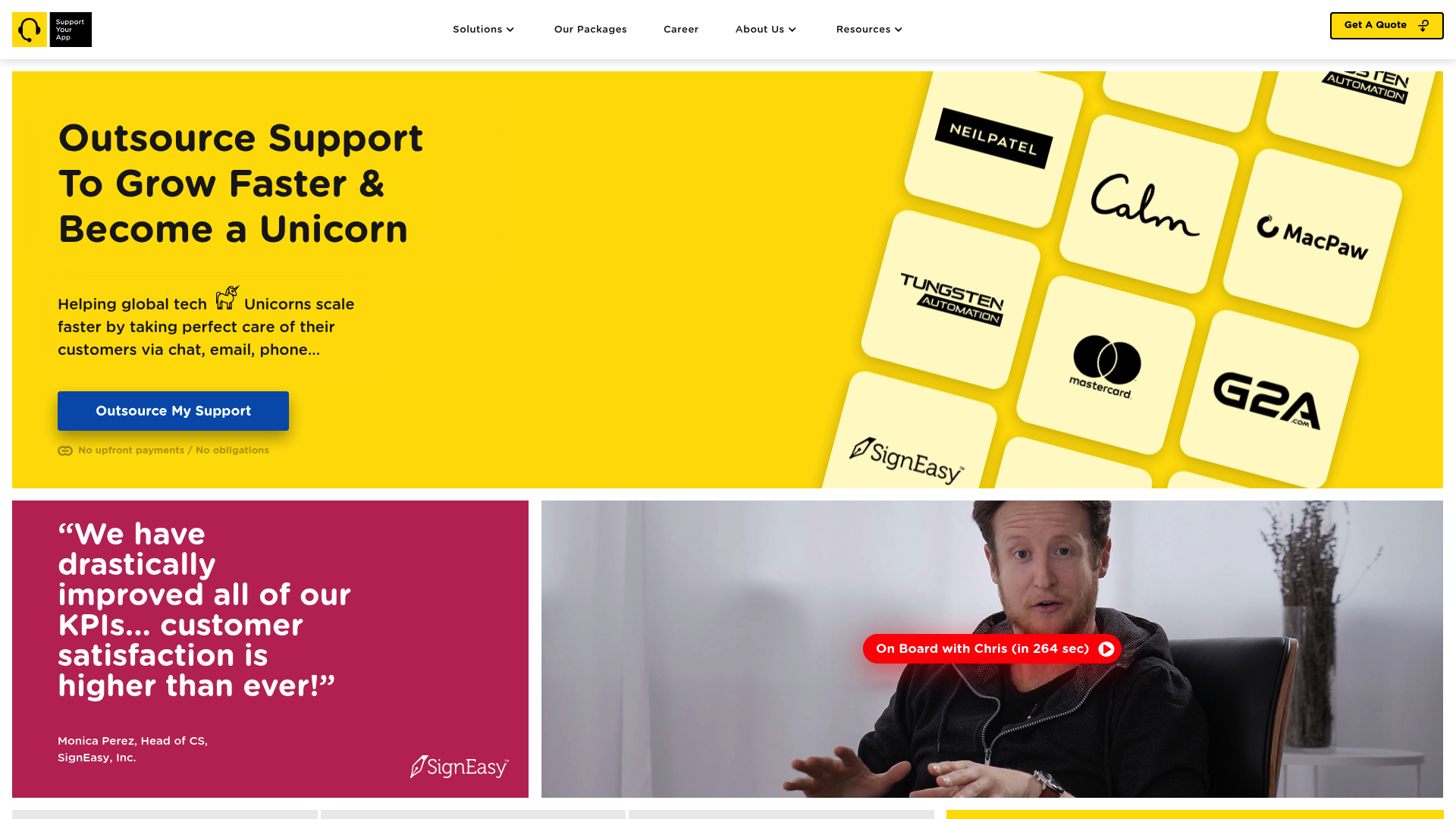 A screenshot of the SupportYourApp homepage, showing their "Support as a Service" branding and main navigation.