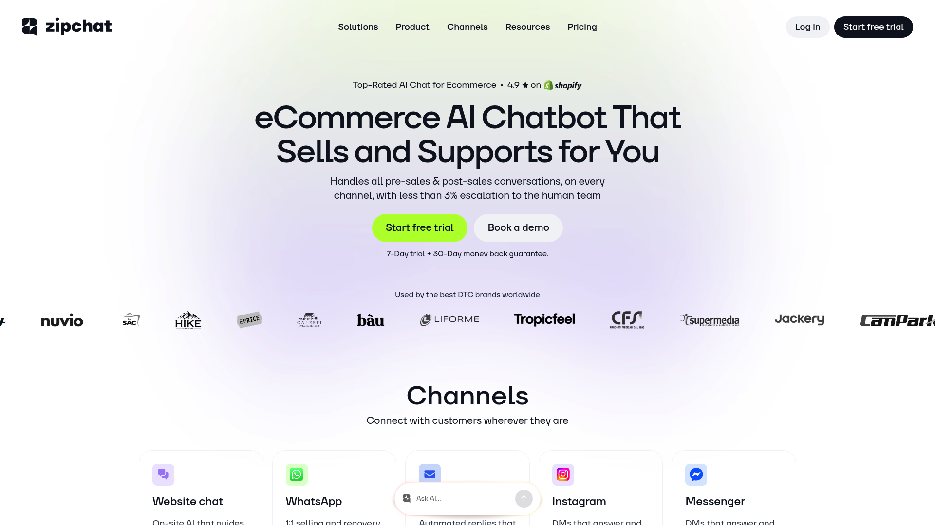 A screenshot of the main landing page for Zipchat, focusing on its role as an AI chatbot for increasing sales and conversions on e-commerce sites.