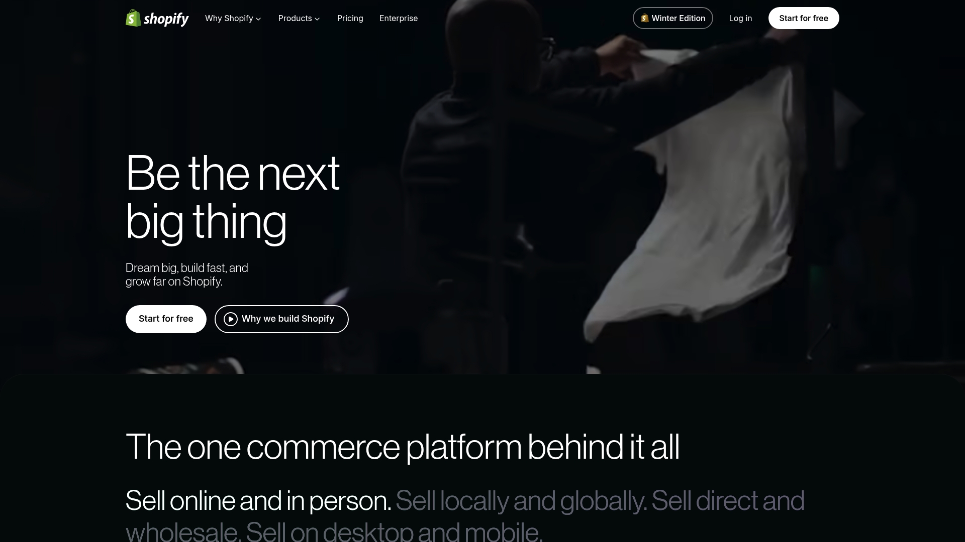 The main landing page for Shopify, the e-commerce platform used in an ElevenLabs Shopify integration.